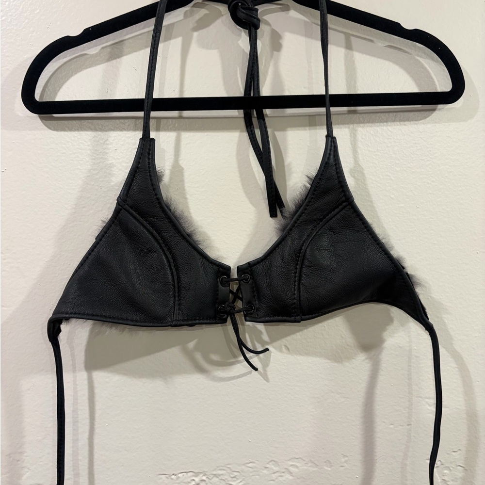 Black Leather and Fur Lace-Up Bralette